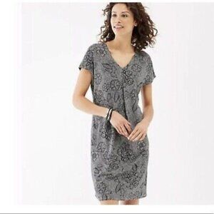 J. Jill Wearever Womens Black Gray Floral Cap Sleeve Pleat V-Neck Dress Petite M